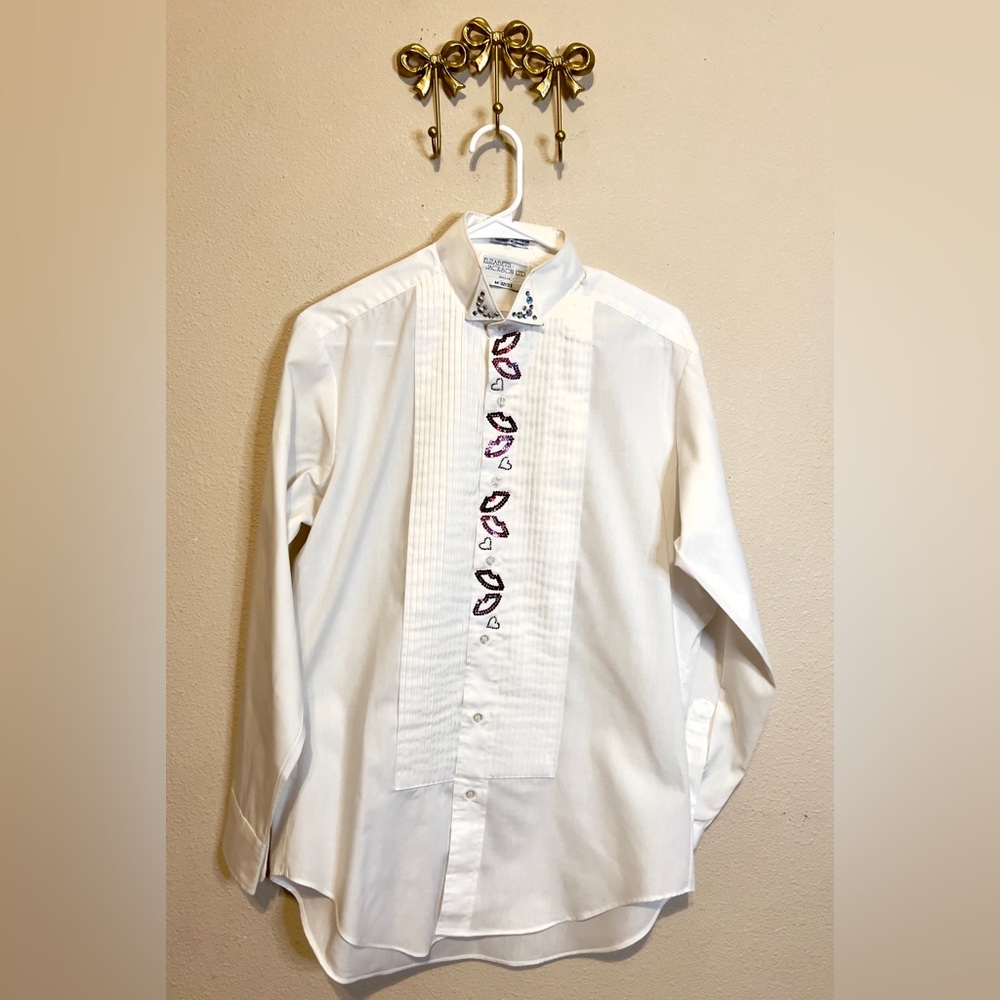 Elegant White Tuxedo Blouse with Rhinestone Embroidered Detail. Size M